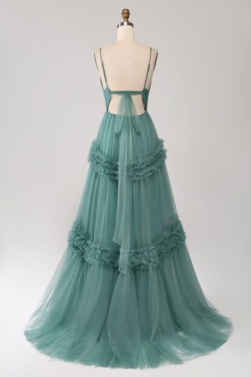 Abito lungo da ballo in tulle verde A Line con spalline sottili e volant